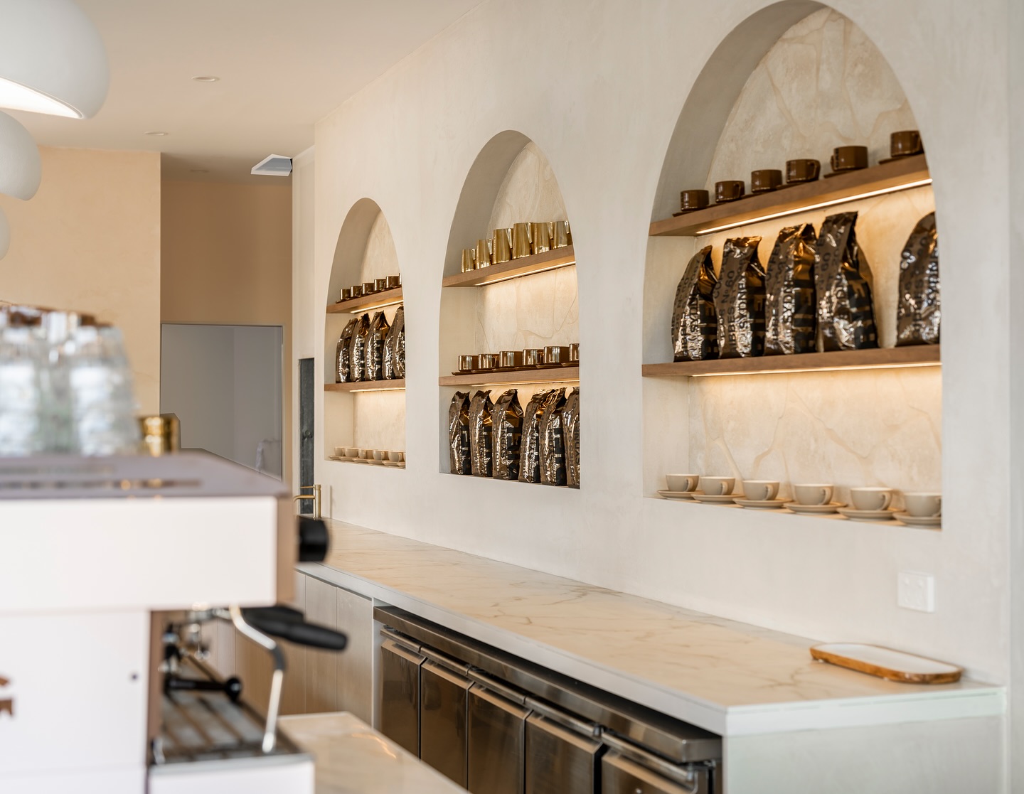 Tadelakt feature walls with polyurethane sealer.